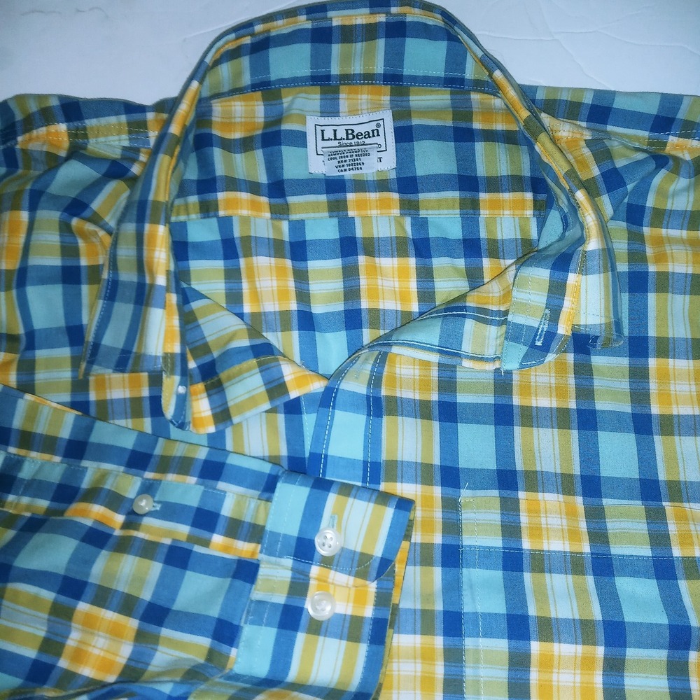 LL Bean Shirt Mens SZ L Button Down Traditional Fit Blue Yellow Plaid Cotton